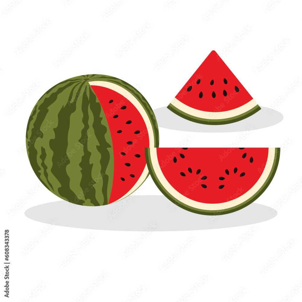 Vector set of whole and slices watermelon fruit isolated.Vector slice watermelon. Vector set of whole and slices watermelon fruit isolated.Vector slice watermelon.
