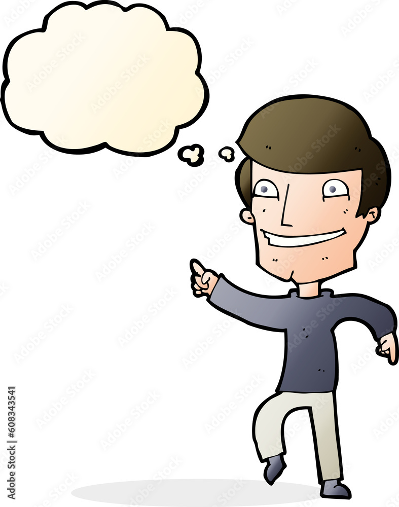 cartoon happy man pointing with thought bubble