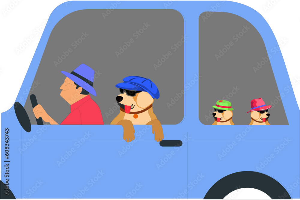Obraz premium Dogs are travelling and looking out of car window. Vector illustration.