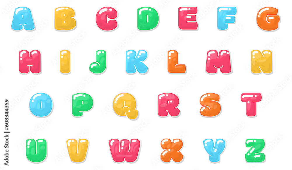 Color jelly alphabet. Cartoon bubble gum letters Stock Illustration | Adobe  Stock