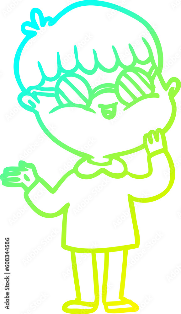 cold gradient line drawing of a cartoon boy wearing spectacles