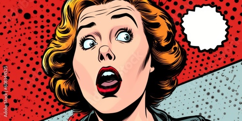 Whimsical girl captivates with open-mouthed 'wow' in comic pop art style, Generative AI