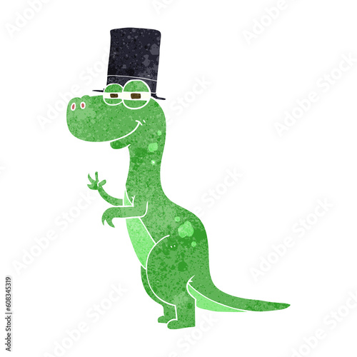 freehand retro cartoon dinosaur wearing top hat