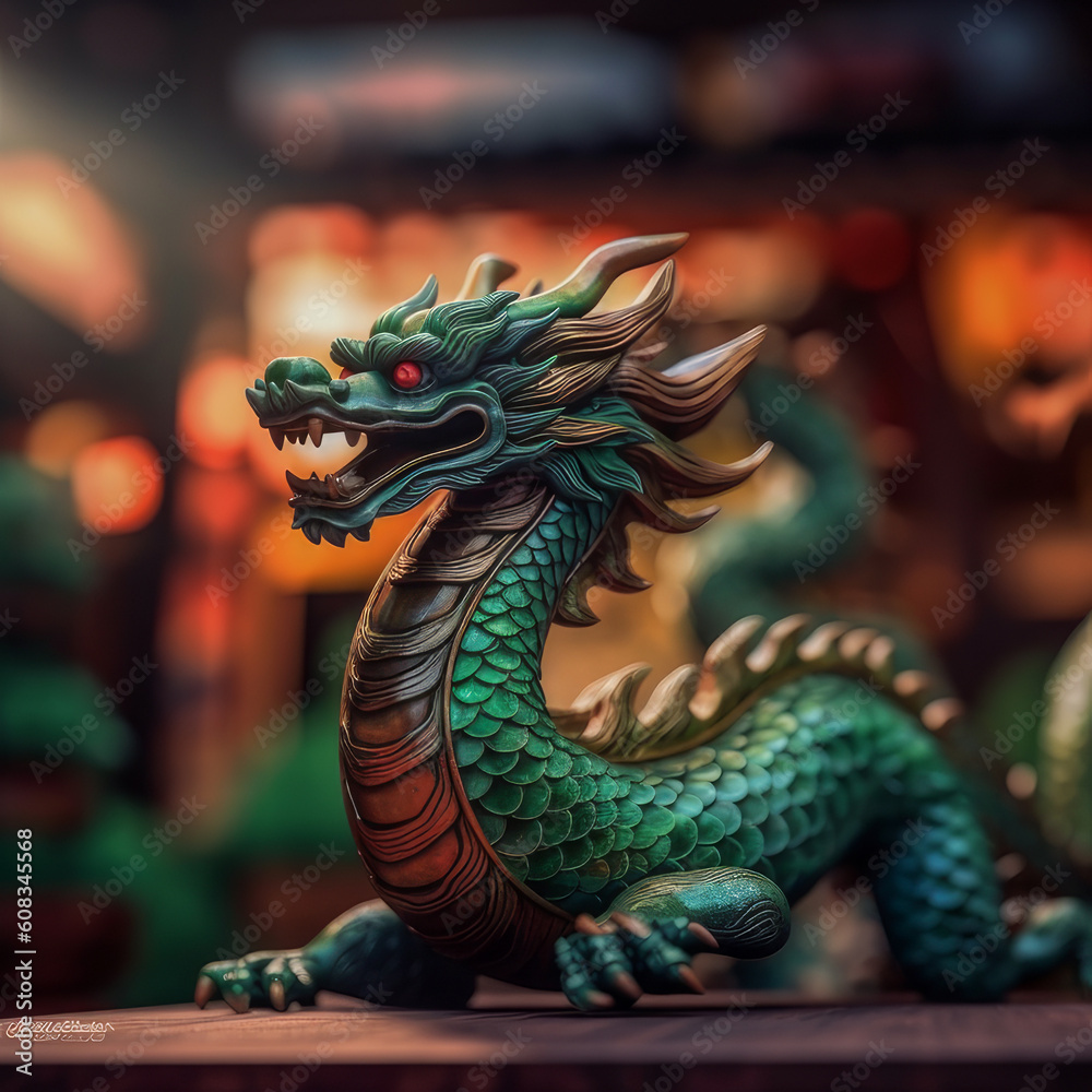 Obraz premium Green wooden Chinese dragon. Symbol of 2024