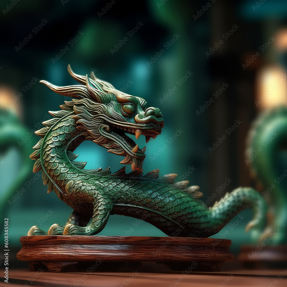 Green wooden Chinese dragon. Symbol of 2024