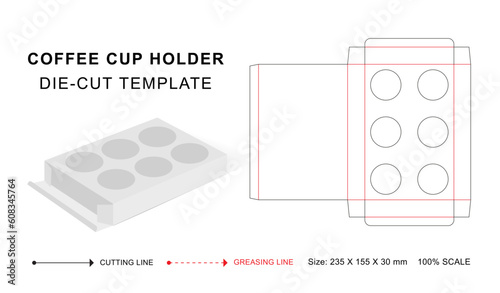 Six hot drinks holder box die cut template with 3D blank vector mockup for food packaging photo