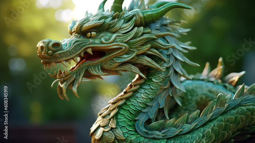Green wooden Chinese dragon. Symbol of 2024 © Aliaksei