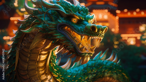 Green wooden Chinese dragon. Symbol of 2024