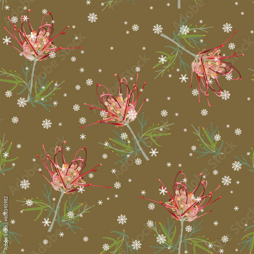 Seamless seasonal floral pattern with blooming branches of Grevillea flower and snowflakes. Grevillea banksii. Exotic red blossom. On gold background. photo