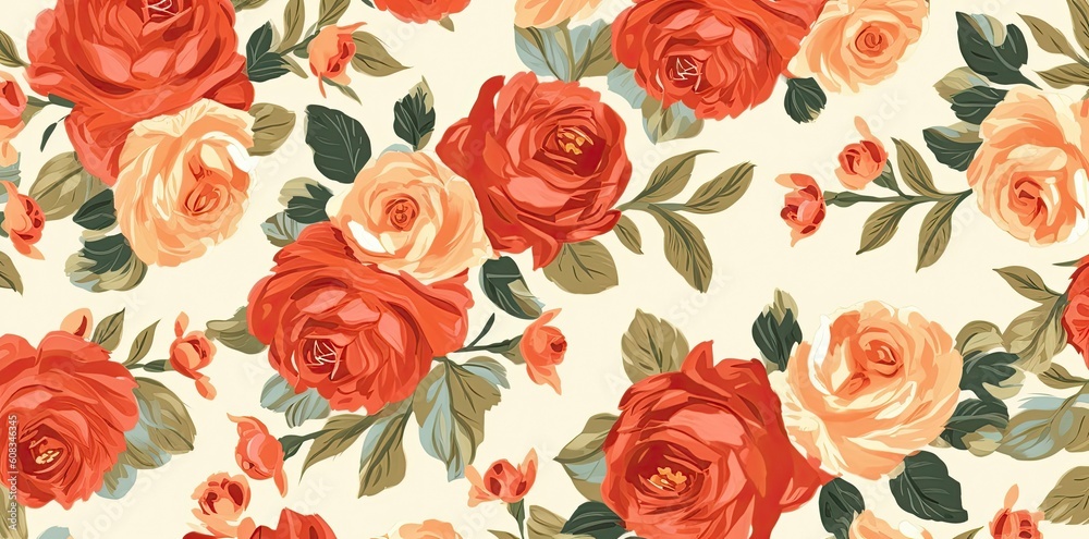 red rose pattern fabric on spoonflower in the style of light beige and orange, fauvist, 20th century scandinavian style, tender depiction of nature, vintage aesthetics, generative ai red rose pattern fabric on spoonflower in the style of light beige and orange, fauvist, 20th century scandinavian style, tender depiction of nature, vintage aesthetics, generative ai