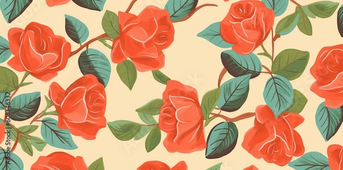 red rose pattern fabric on spoonflower in the style of light beige and orange  fauvist  20th century scandinavian style  tender depiction of nature  vintage aesthetics  generative ai