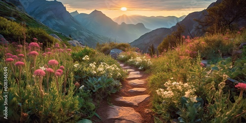AI Generated. AI Generative. Beautiful flowers foliage mountain foliage path landscape adventure. Graphic Art