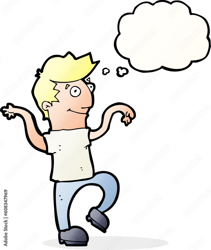 cartoon happy man doing funny dance with thought bubble cartoon happy man doing funny dance with thought bubble