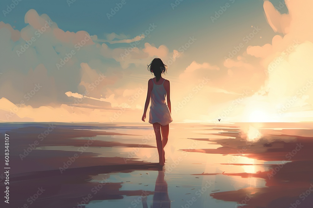an illustration, girl running barefoot on the beach in summer, ai generative an illustration, girl running barefoot on the beach in summer, ai generative