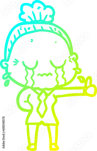 cold gradient line drawing of a cartoon old woman crying