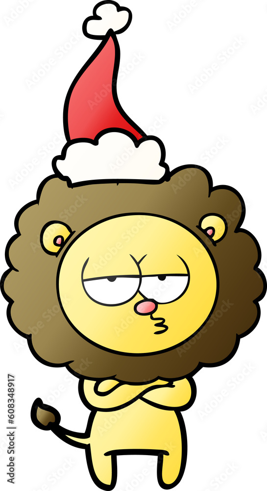 hand drawn gradient cartoon of a tired lion wearing santa hat