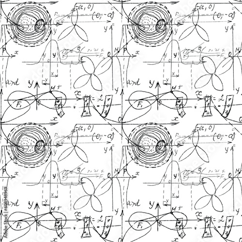 Math and Geometry seamless pattern with handwriting and drawing of various graph solutions. Geometry and mathematics subjects graphics. College lectures. Vector. photo