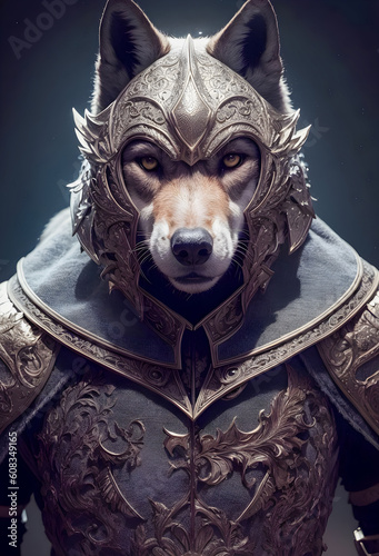 Fantasy Warrior: Anthropomorphic Wolf Knight in Armor. Art generative. Created with Generative AI