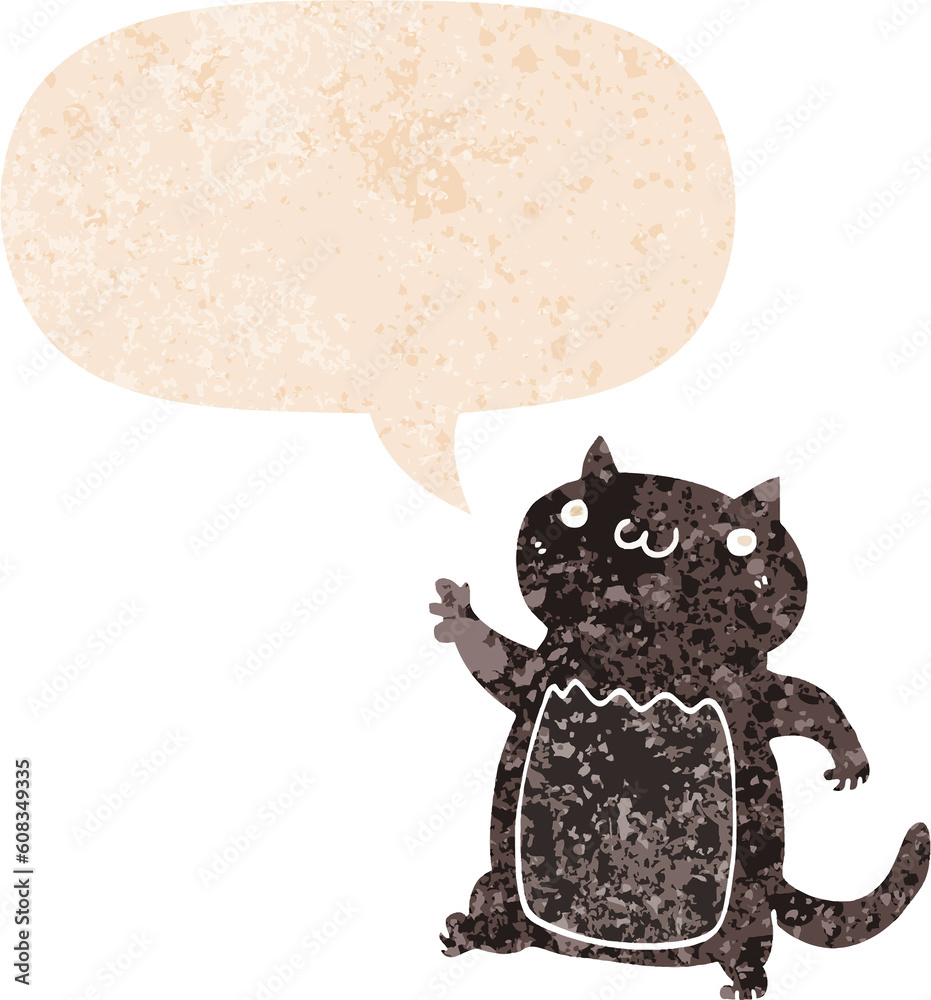 cartoon cat with speech bubble in grunge distressed retro textured style cartoon cat with speech bubble in grunge distressed retro textured style