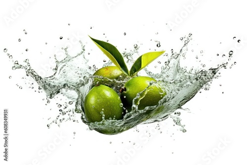 stock photo of water splash with green mango isolated Food Photography