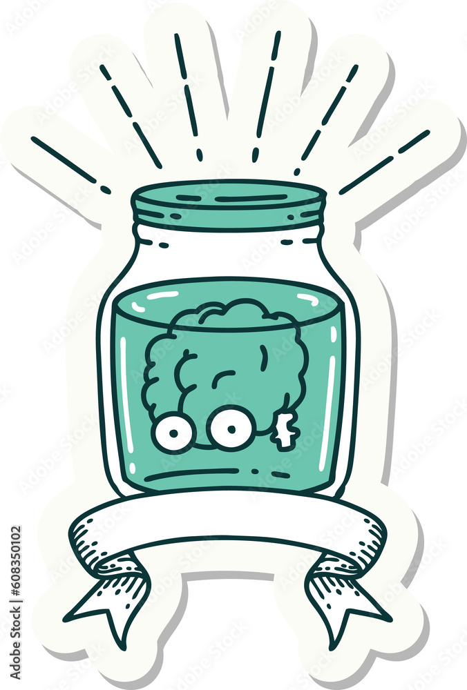 sticker of a tattoo style brain in jar