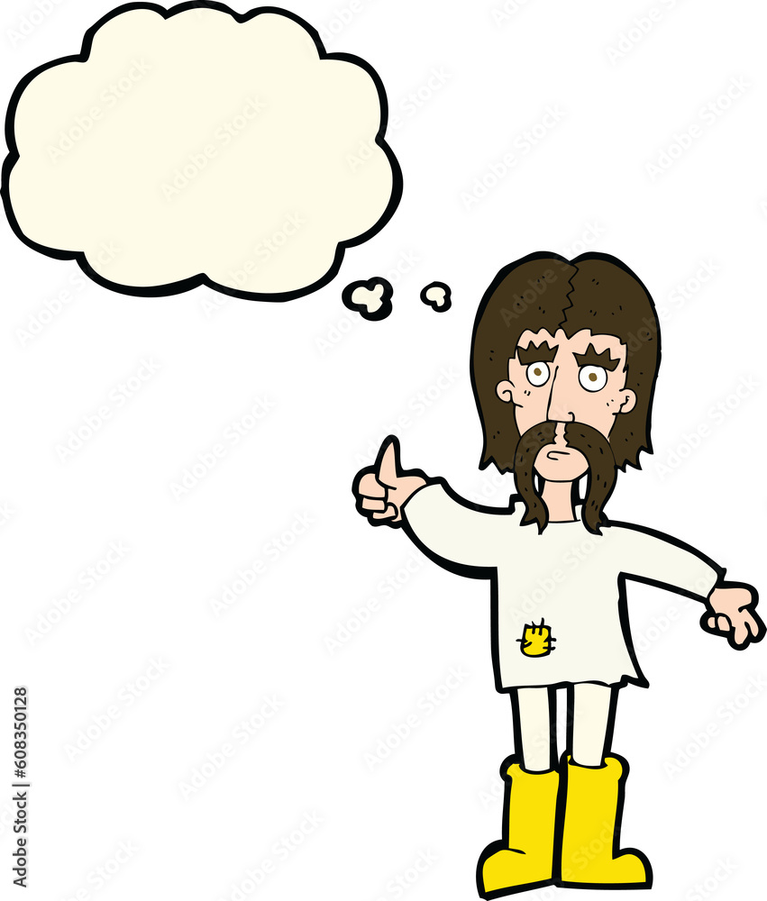 cartoon hippie man giving thumbs up symbol with thought bubble