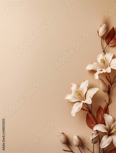 beige background with white flowers, copy space, ai generated