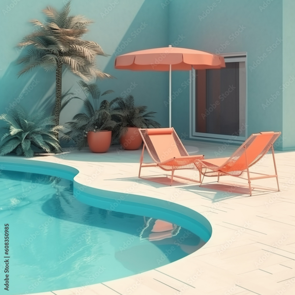 summertime, poolside, swimming pool, hotel, minimal color concept, 3D, Illustration, generative AI summertime, poolside, swimming pool, hotel, minimal color concept, 3D, Illustration, generative AI