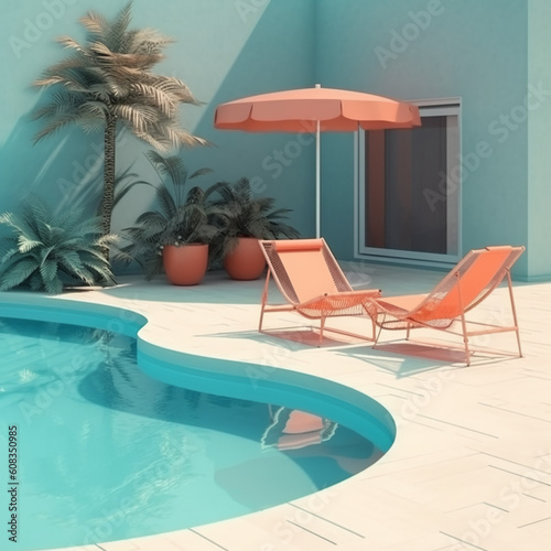 summertime  poolside  swimming pool  hotel   minimal color concept  3D  Illustration  generative AI