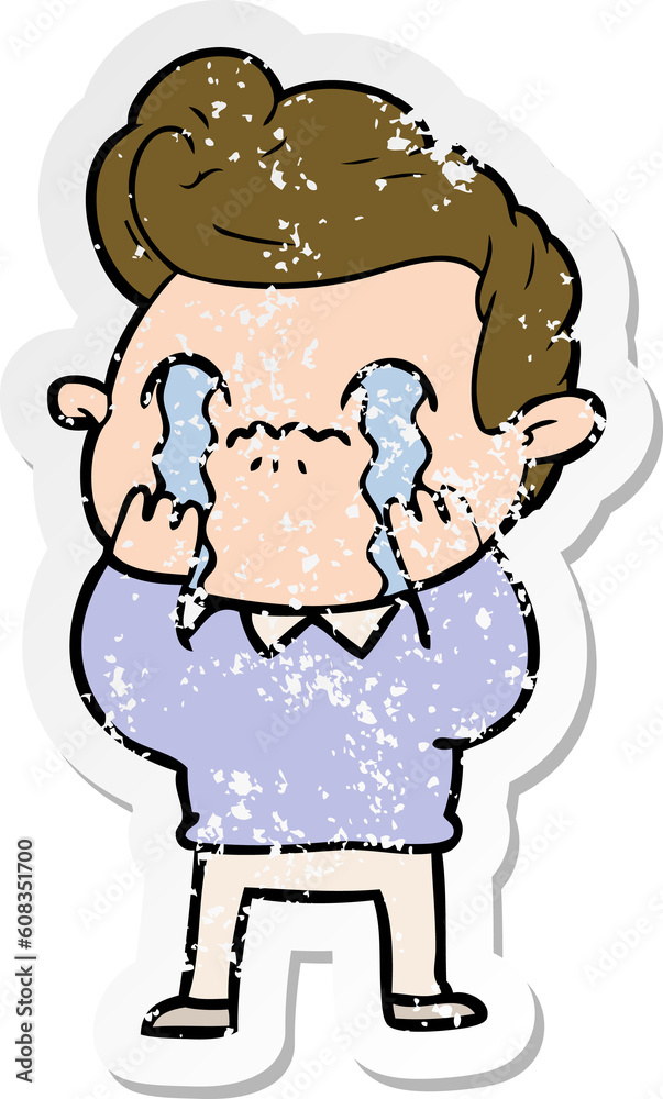 distressed sticker of a cartoon man crying distressed sticker of a cartoon man crying