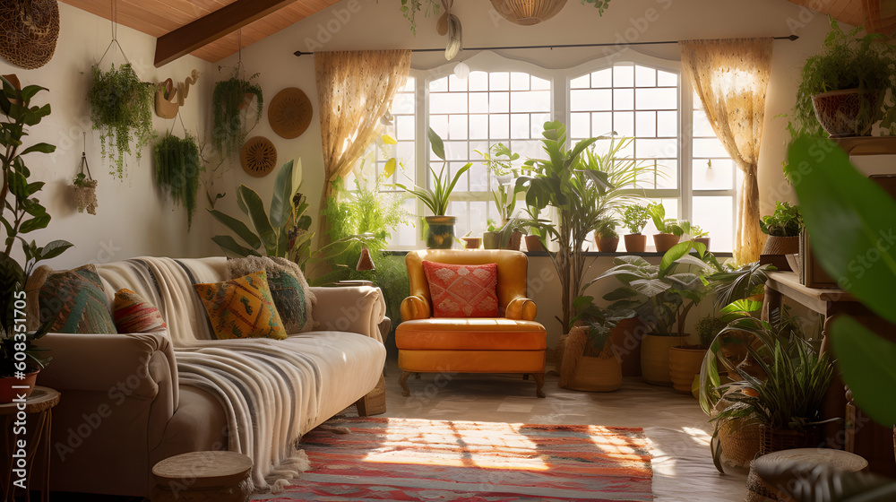 Bohemian-inspired living space, eclectic furniture, vibrant patterns, and an abundance of plants, using natural sunlight and a relaxed composition, Generated AI