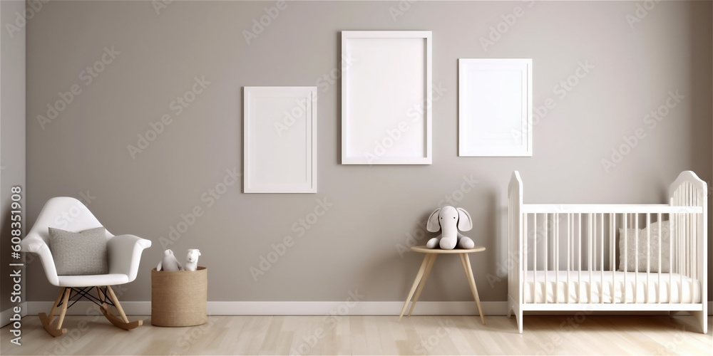 interior of a baby nursing room with a chair and bed, empty mock up frames, ai generated 