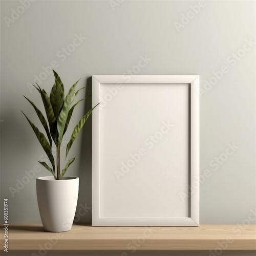 mock up white photo frame and green plant on table, copy space, minimalistic interior, ai generated