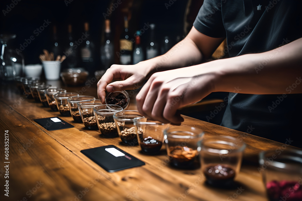 A barista hosting a coffee tasting session, guiding customers through the flavors and aromas of different coffee beans. Generative AI