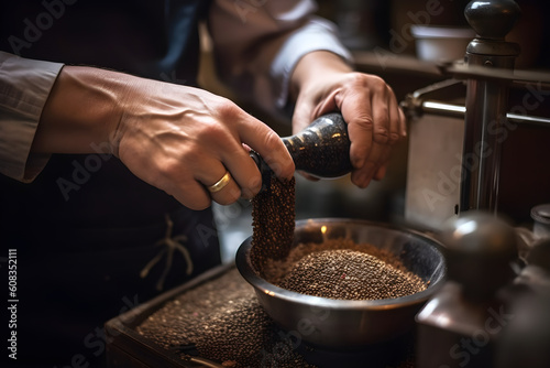 A barista grinding coffee beans with precision, ensuring the perfect consistency for optimal extraction and flavor. Generative AI photo