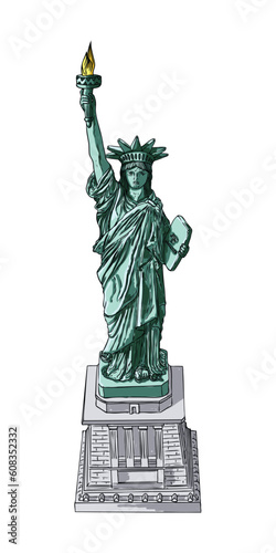 US Statue of Liberty drawing. USA New York city famous tourist landmark. Poster or flyers sculpture illustration element. Hand drawn logo of American symbol for presentations. Vector.