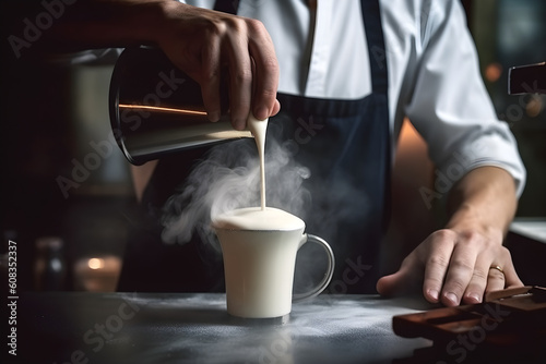 A barista skillfully steaming milk to create velvety microfoam  essential for crafting creamy cappuccinos and lattes. Generative AI
