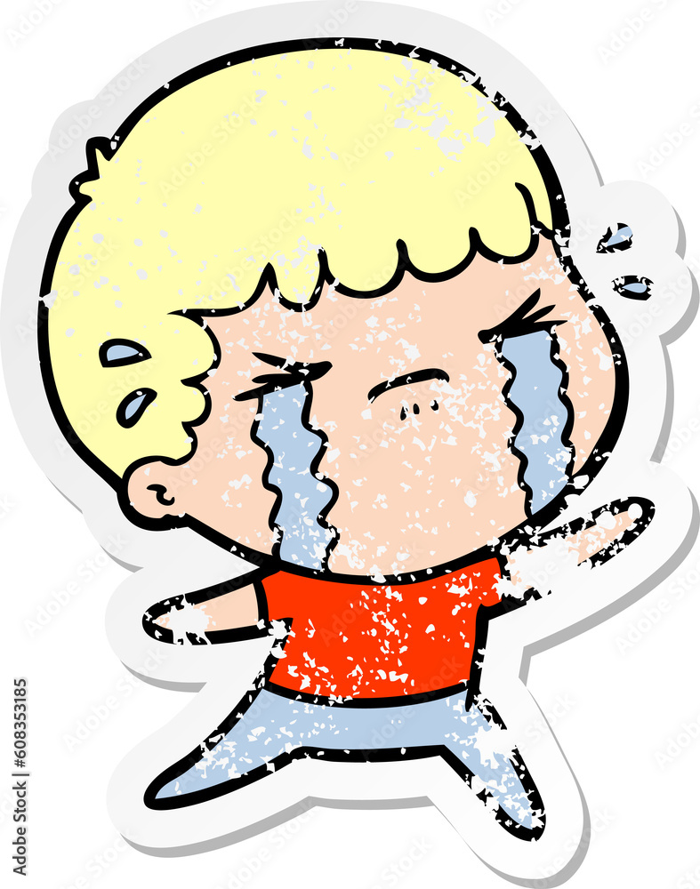 distressed sticker of a cartoon man crying distressed sticker of a cartoon man crying
