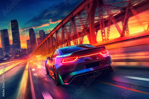 futuristic sportcar with neon lights riding in the sunset on bridge, created with Generative AI Technology