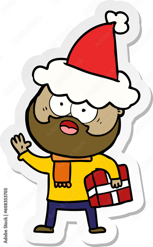 hand drawn sticker cartoon of a bearded man with present wearing santa hat hand drawn sticker cartoon of a bearded man with present wearing santa hat