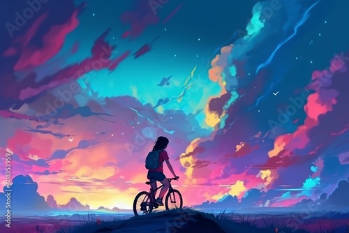 illustration, a couple in love riding a bicycle at night, ai generative
