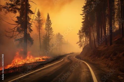 Forest fire with smoke near the edge of the highway, created with Generative AI Technology