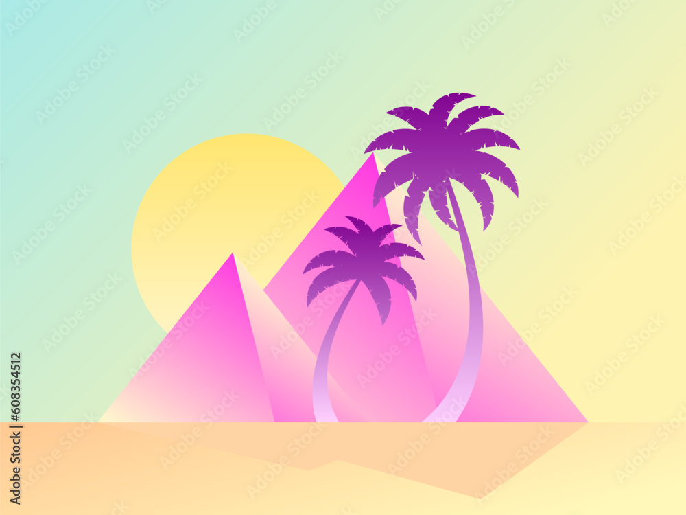 Pyramids with palm trees and sun, colorful gradient. Landscape with ancient Egyptian pyramids in modern style. Summer time. Design for banners, posters and promotional items. Vector illustration