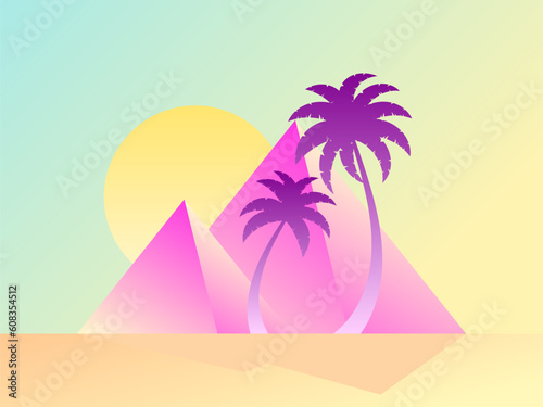 Pyramids with palm trees and sun  colorful gradient. Landscape with ancient Egyptian pyramids in modern style. Summer time. Design for banners  posters and promotional items. Vector illustration