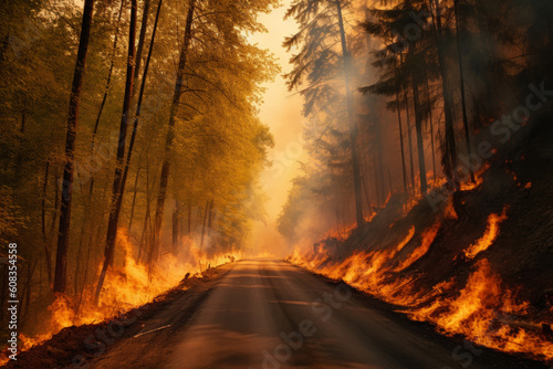 Forest fire with smoke near the edge of the highway, created with Generative AI Technology © Ekaterina Shvaygert