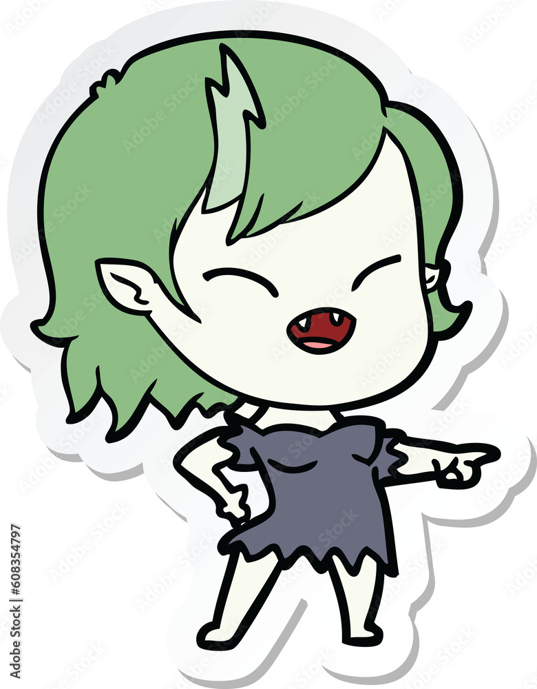 sticker of a cartoon vampire girl pointing and laughing sticker of a cartoon vampire girl pointing and laughing