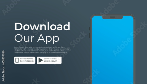 Social media banner advertising for downloading app for mobile phone, device mockup. Download buttons template.