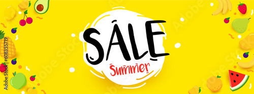Bright summer sale banner with pieces of ripe fruit, bright yellow design.