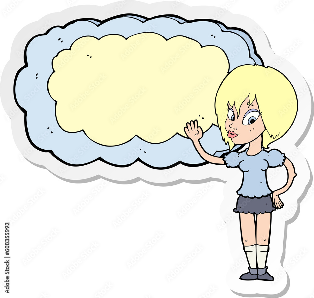 sticker of a cartoon woman with cloud text space