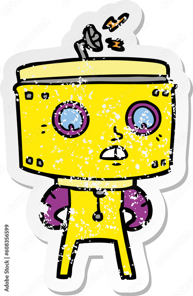 distressed sticker of a cartoon robot